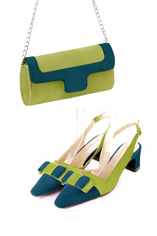 Pistachio green and peacock blue women's dress clutch, for weddings, ceremonies, cocktails and parties. Worn view - Florence KOOIJMAN